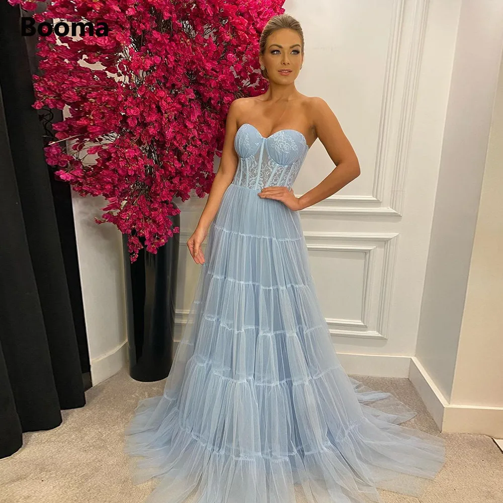 

Booma Baby Blue Sweetheart A-Line Maxi Prom Dresses Lace Exposed Boning Tiered Tulle Evening Dresses Open Back Formal Prom Gowns