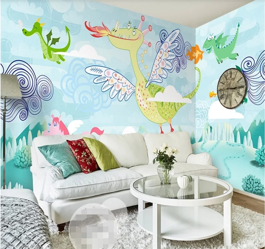 xuesu Custom wallpaper hand-painted watercolor flowers dinosaur fire-breathing dragon children's room bedroom 8D wall covering