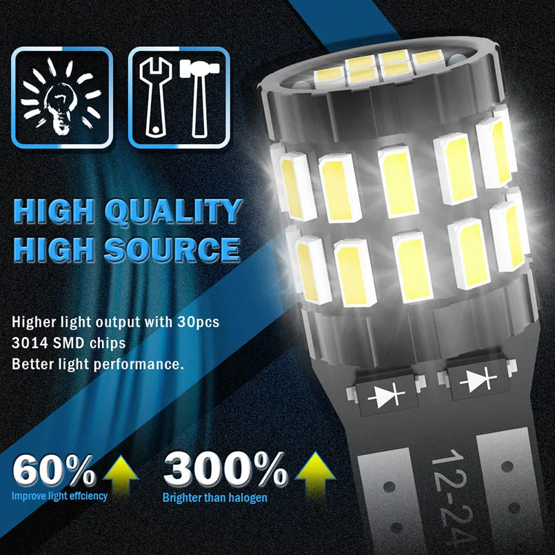 Led canbus電球,t10 w5w,194 168エラーなし,30smd 3014,白,青,赤,黄色のライト,屋内読書灯,パーキングライト,マップライト,2個