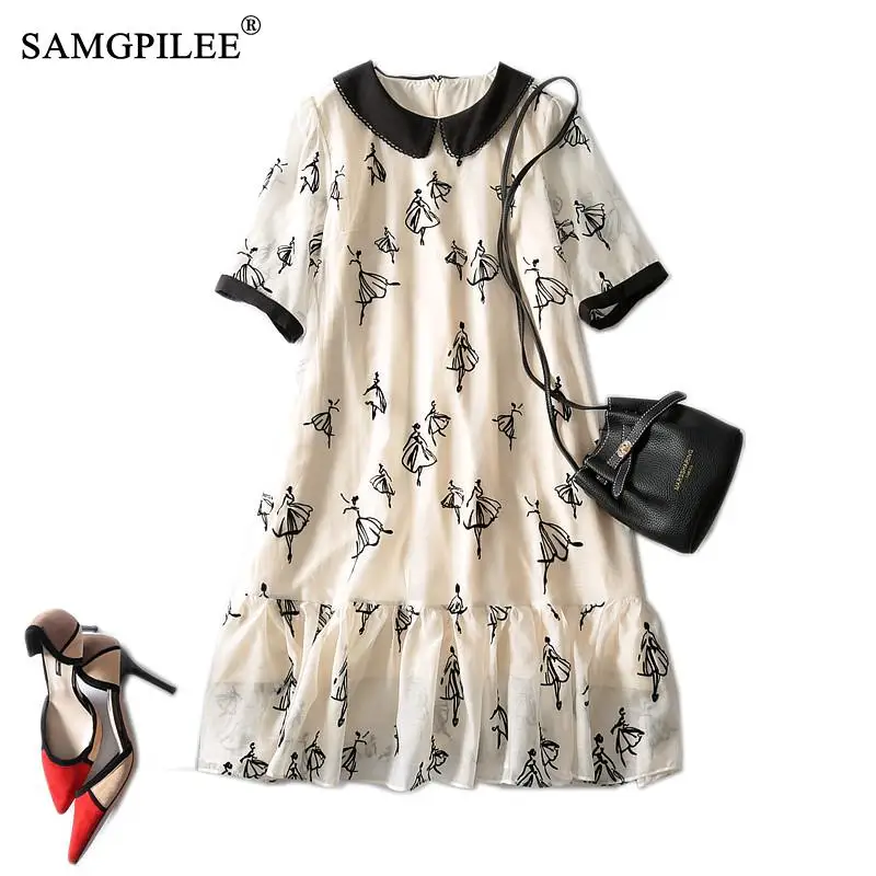 

Summer Dress 2022 New Korean Style Casual A-line Print Short Sleeve Knee-length Empire Peter Pan Collar Fashion Women Dresses