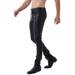 Faux Leather Men Low Waist Latex Shiny Pants Trousers Fashion Tights Pants for Club Stage Show Rock Band Performance Sweatpants