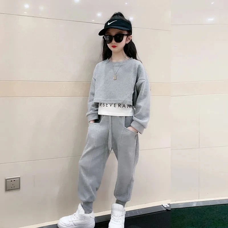 2024 autumn teenager Gray girls Sport Suit Clothes Long Sleeve Top sweatshirt & Legging Pants 6 7 8 9 10 11 12 Years Child set