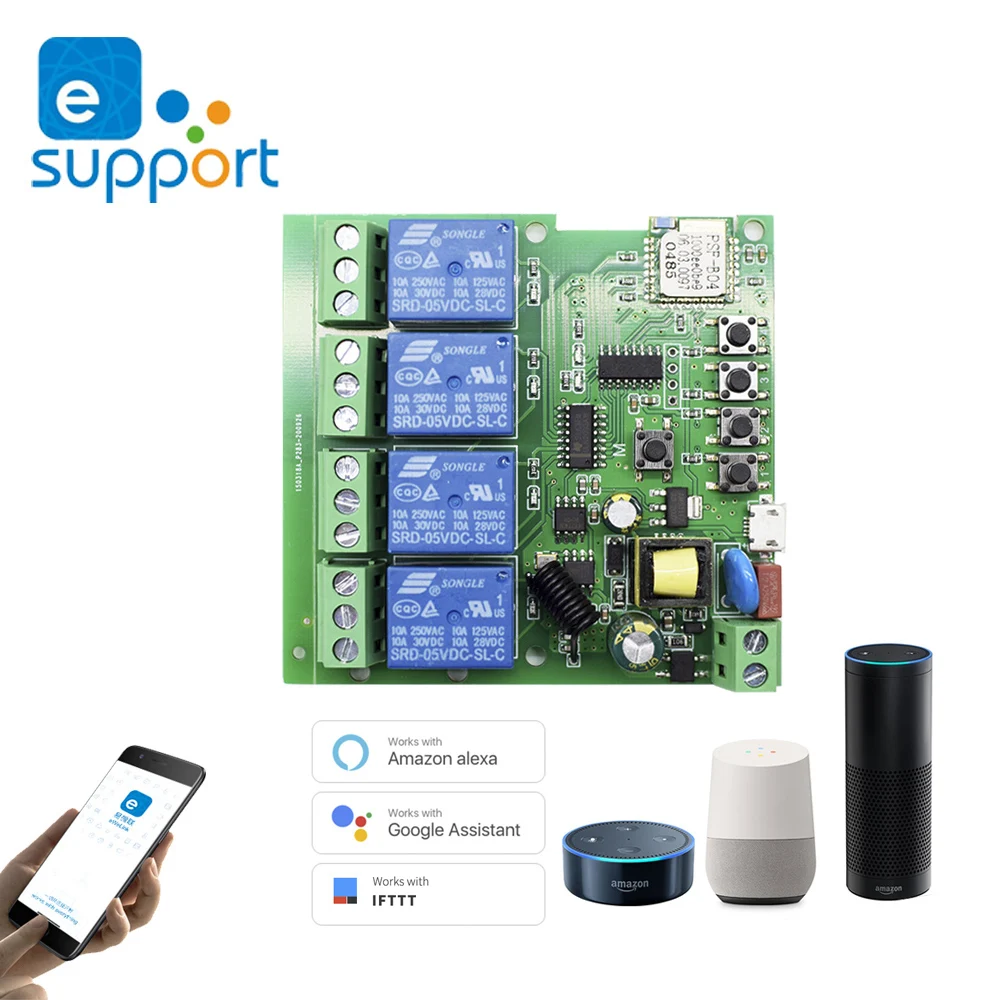 

eWeLink Smart Switch 1/2/4 Channel Wifi Relay Module Wireless Remote Control RF 433 Receiver Jog Self-Lock Controller