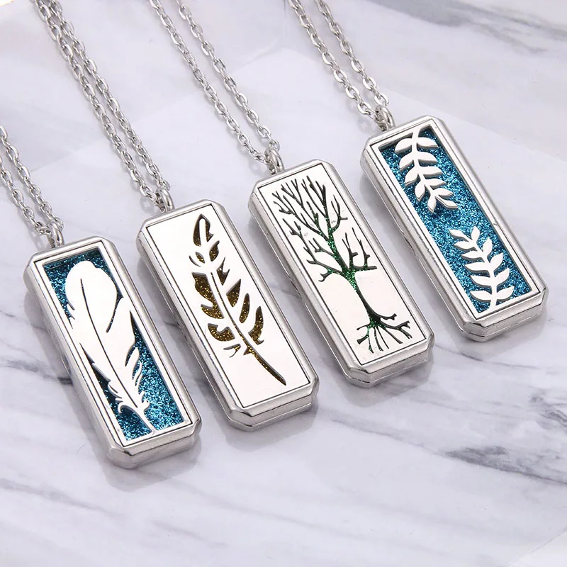 Tree of Life Square Stainless Steel Magnetic Aromatherapy Diffuser Necklace Jewelry Perfume Essential Oil Pendant Necklace