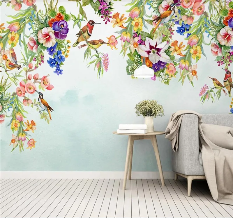 

Large custom mural wallpaper Nordic hand-painted flowers and birds lily background wall decoration painting