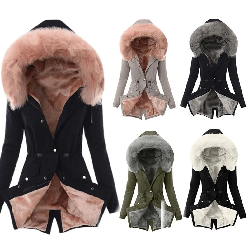 Fashion Winter Jacket Women Long Sleeve Hooded Pocket Thick Warm Parka Plush Casual Long Coats Female Ladies \' Coat