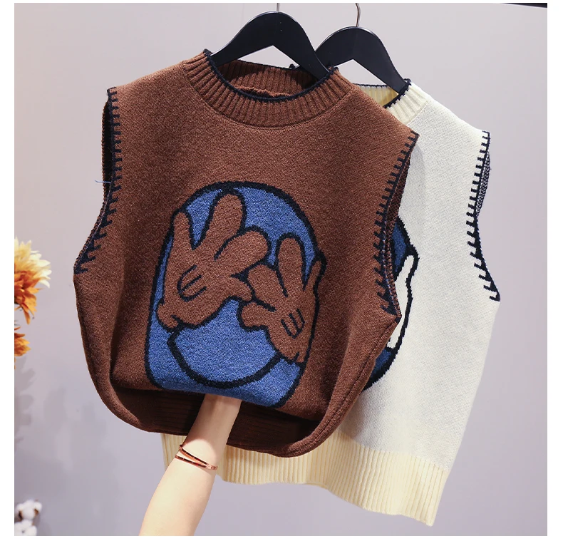 

2021Spring Korean Loose Cartoon Smiley Jacquard Sweater Round Neck Sleeveless Short Harajuku Hip Hop Knit Sweater Vest Women