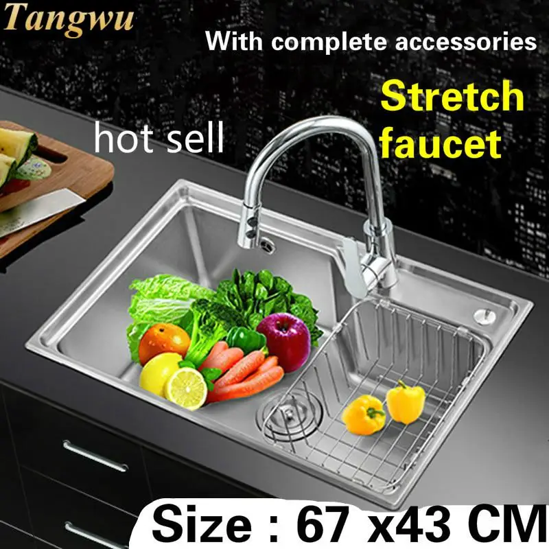 Free shipping Food grade 304 stainless steel hot sell kitchen sink 0.8 mm durable ordinary single slot stretch tap 67x43 CM