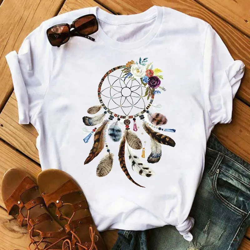 Maycaur Women Summer Short Sleeve Dreamcatcher Feather Fashion Print Lady T-shirts Top T Shirt Ladies Womens Graphic Tee T-Shirt