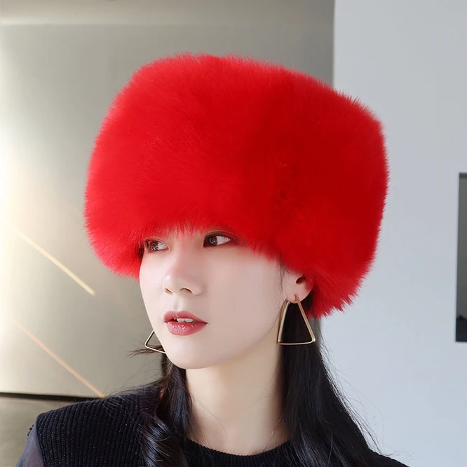 

Winter Women Fashion Russian Thick Warm Beanies Fluffy Fake Faux Fur Hat Empty Top Hat Headscarf Red