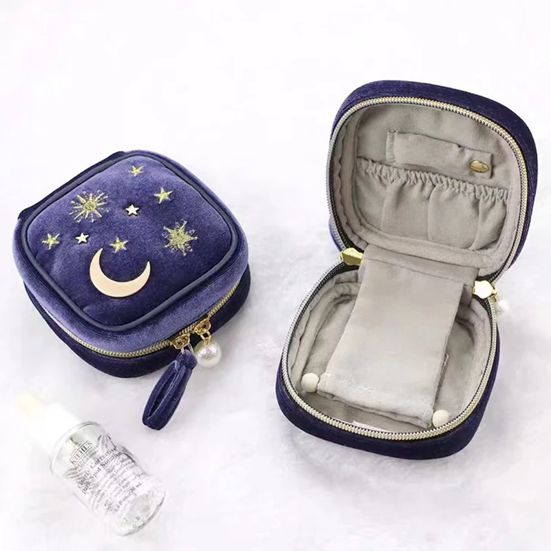 Blue Velvet Jewelry Storage 10*10cm Square Moon Star Embroidery Zipper Bags Necklace Bracelet Earring Organizer Carrying Case