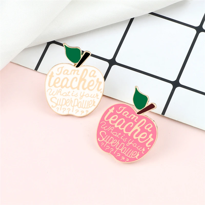 Fruit Apple Brooch Teacher's Day Gift Cartoon Creative Enamel Pins Teacher's Superpower Jewelry Bag Denim Lapel Pin for Teachers