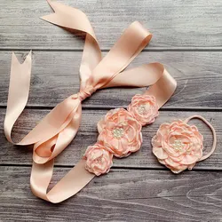 Children Flower Dress Belt Headband Suit Set Baby Shower Pregnant Women Flower Girl Beading Flower Belts Dress Accessories