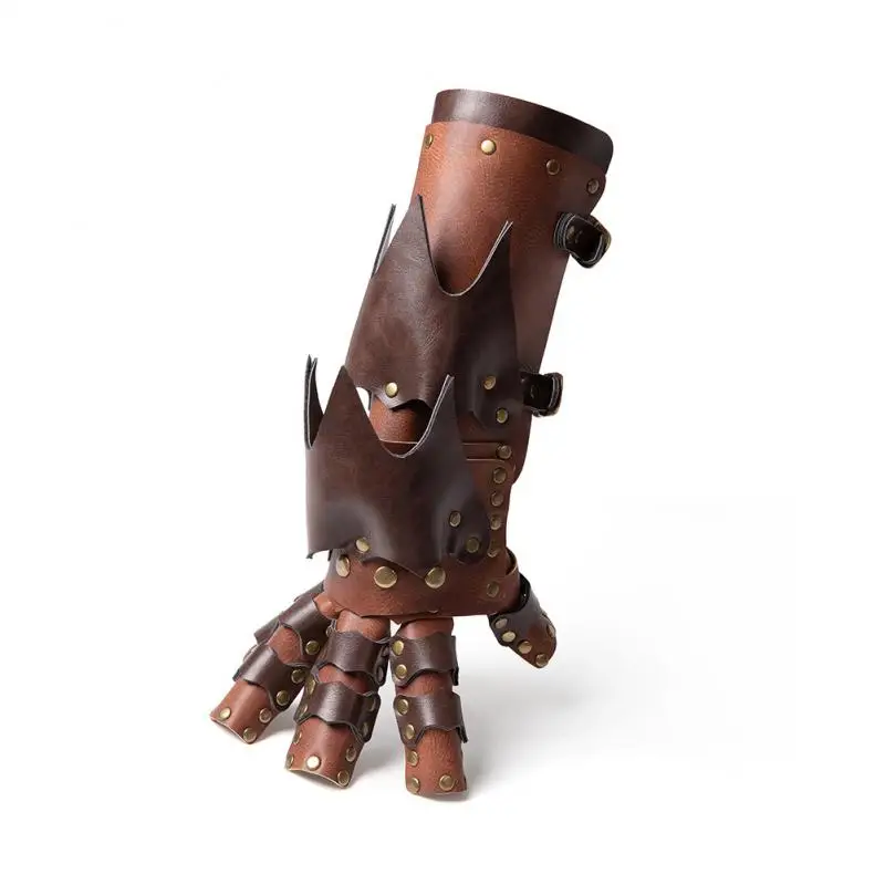 Medieval Retro Steampunk PU Mittens Women's Man Halloween Cosplay Right Hand Glove Punk Style Rivet Patchwork Leather Arm Ring