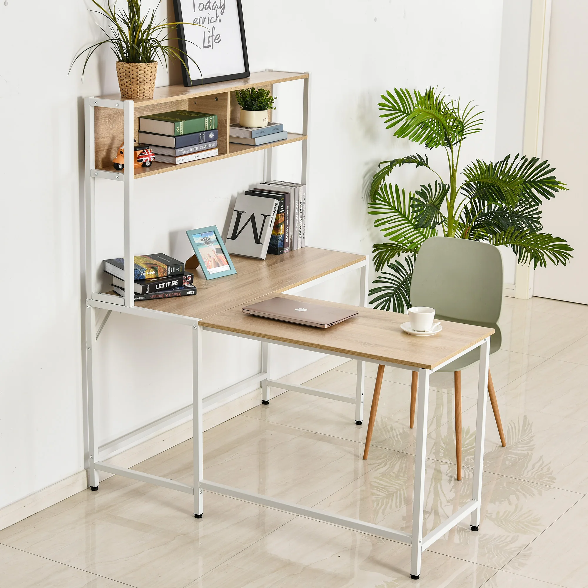 HOMCOM Escritorio en Forma L Multifuncional Estantes Altos 140x125x149cm Madera