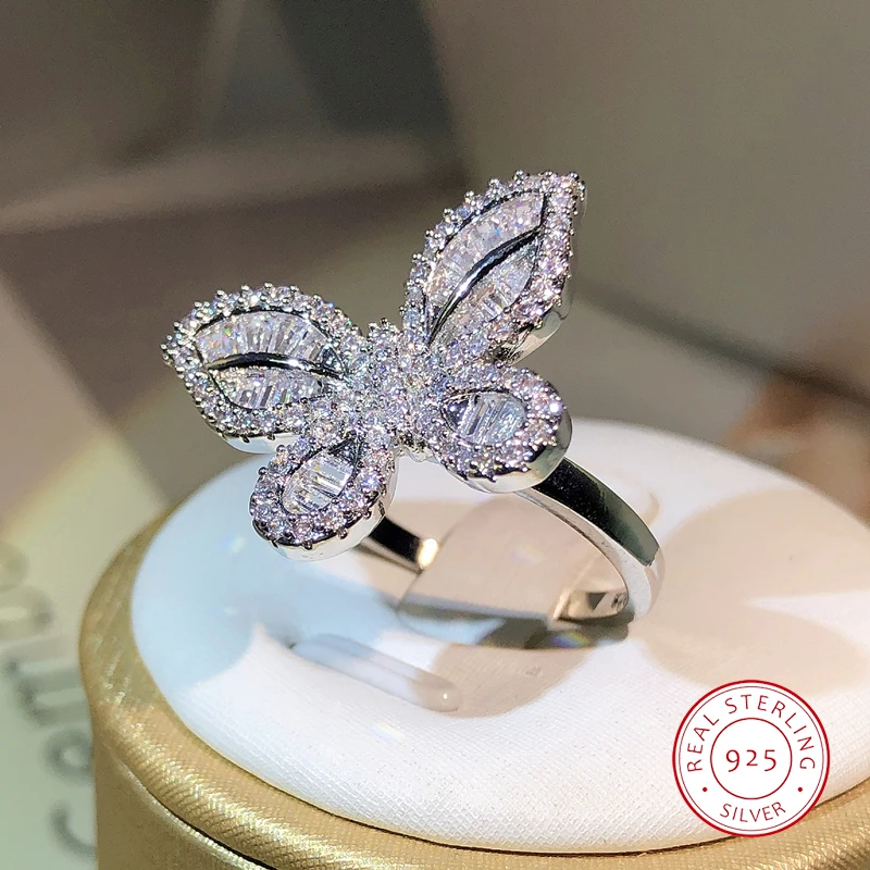 925 Sterling Silver Exquisite Big Butterfly White Zircon Ring Full Of Diamonds For Ladies Jewelry Party Wedding Birthday Gift