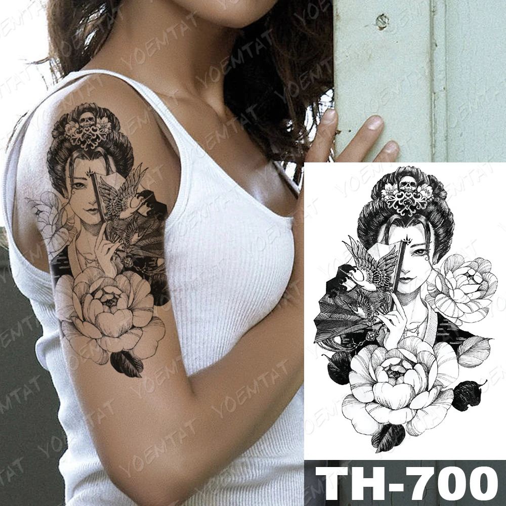 Waterproof Temporary Tattoo Stickers Beauty Flower Bird Fan Flash Tattoos Female Black Japanese Geisha Body Art Arm Fake Sleeve