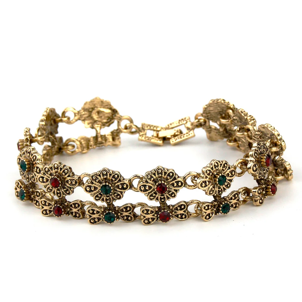 Sunspicems Vintage Bohemia Women Charm Bracelet Antique Gold Silver Color Flower Wrist Chain Algerian Ethnic Wedding Jewelry