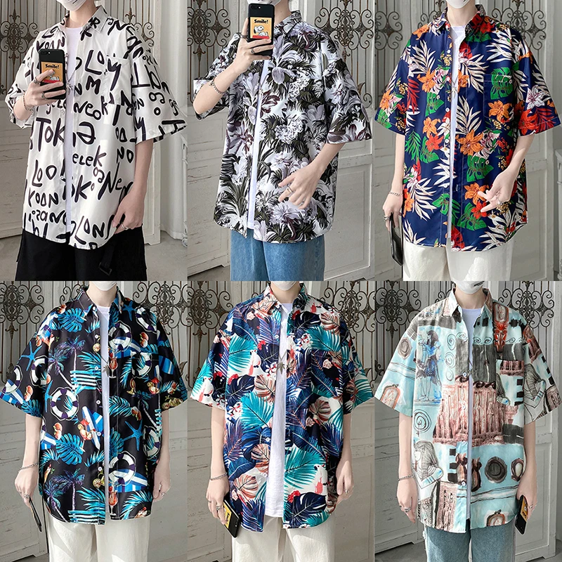 Hawaiian couple flower shirt men's Hong Kong style trend summer leisure loose beach holiday floral short sleeve camisa Hot Sale