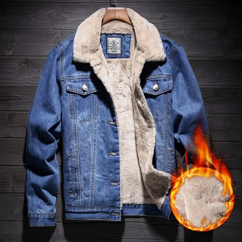 Warm Winter Mens Fur Lining Denim Jacket Casual Cowboy Outwear Coat Slim Fit Jeans Jacket Streetwear Plus Size 5XL Male Jackets