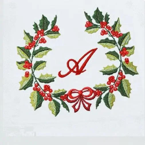 Christmas Monogram Embroidery Napkin, Placemat, Hemstitch, Cotton+Linen, Table Decoration, Holly Berries Monogram / Merry Christ