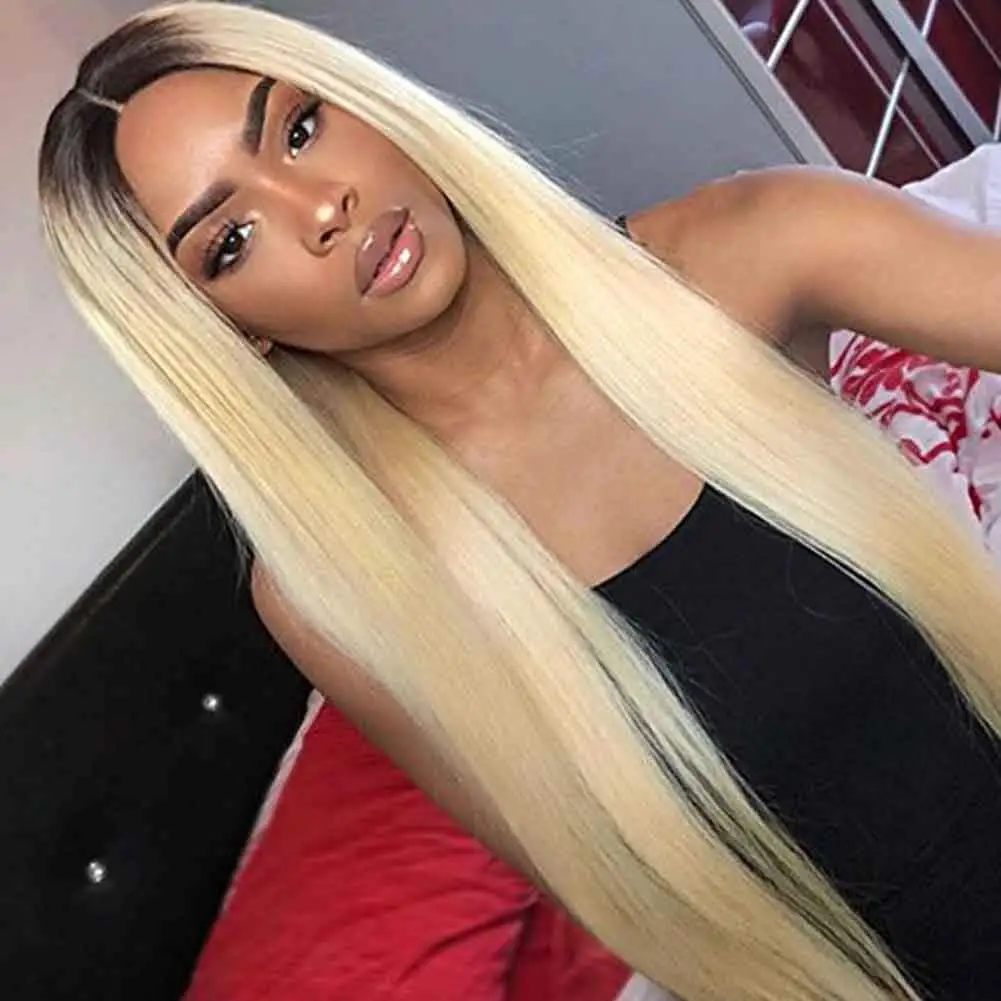 DLME Ombre Blonde Wig With Natural Hairline Lace front wig  24inches Heat Resistant Straight Synthetic Wigs For Black Women