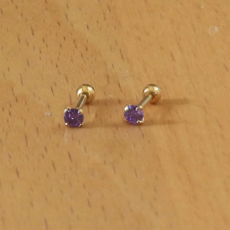 Titanium Gold-color Plated Screw Stud Earrings With Mini 3mm Purple  AAA Zircon 316L Stainless Steel No Fade Allergy