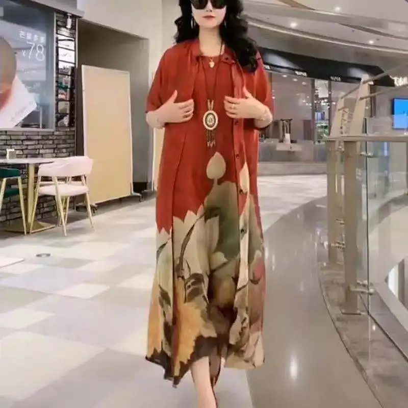 Oversize 5XL Dresses Female Two-Piece Suit 2024 New Spring Summer Dress Female Fashion Elegant Loose Print Mother Suit Dresses