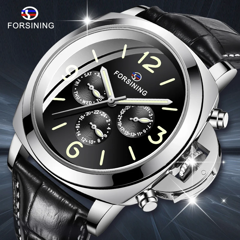 

2024 FORSINING Multifunction Watch Men Auto Mechanical Leather Strap Luminous Hands Working Sub-dials Casual Male Wristwatch