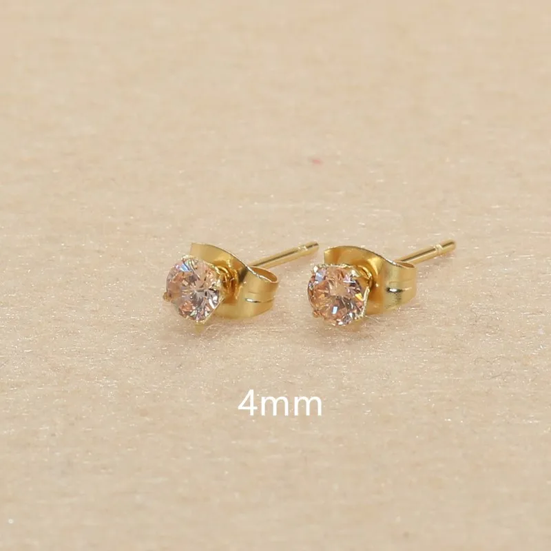 4mm 20 Colors For Choose AAA Zircons Stainless Steel Golden-color Stud Earrings No Fade Allergy Free