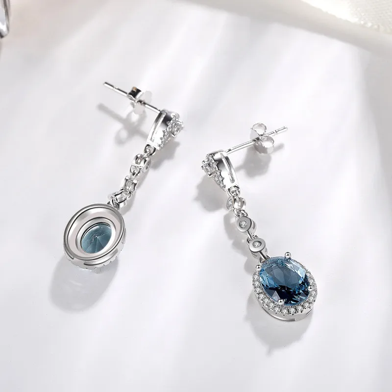 Drop Earrings For Women 925 Silver Needle Vintage Jewelry Oval Blue Cubic Zirconia Stone Long Eardrop Temperament Jewelry CCE648