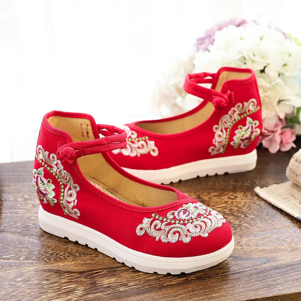 Veowalk High End Floral Embroidered Women Canvas Flat Platforms Mid Top Ankle Strap Chinese Style Ladies Casual Denim Shoes