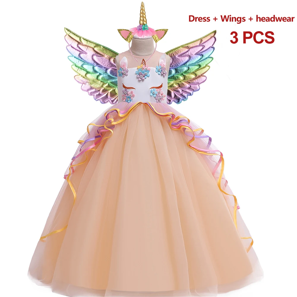 Kids Unicorn Dress For Girls Flower Appliques Princess Dresses Children Wedding Birthday Party Costume Evening Formal Gown - view 3