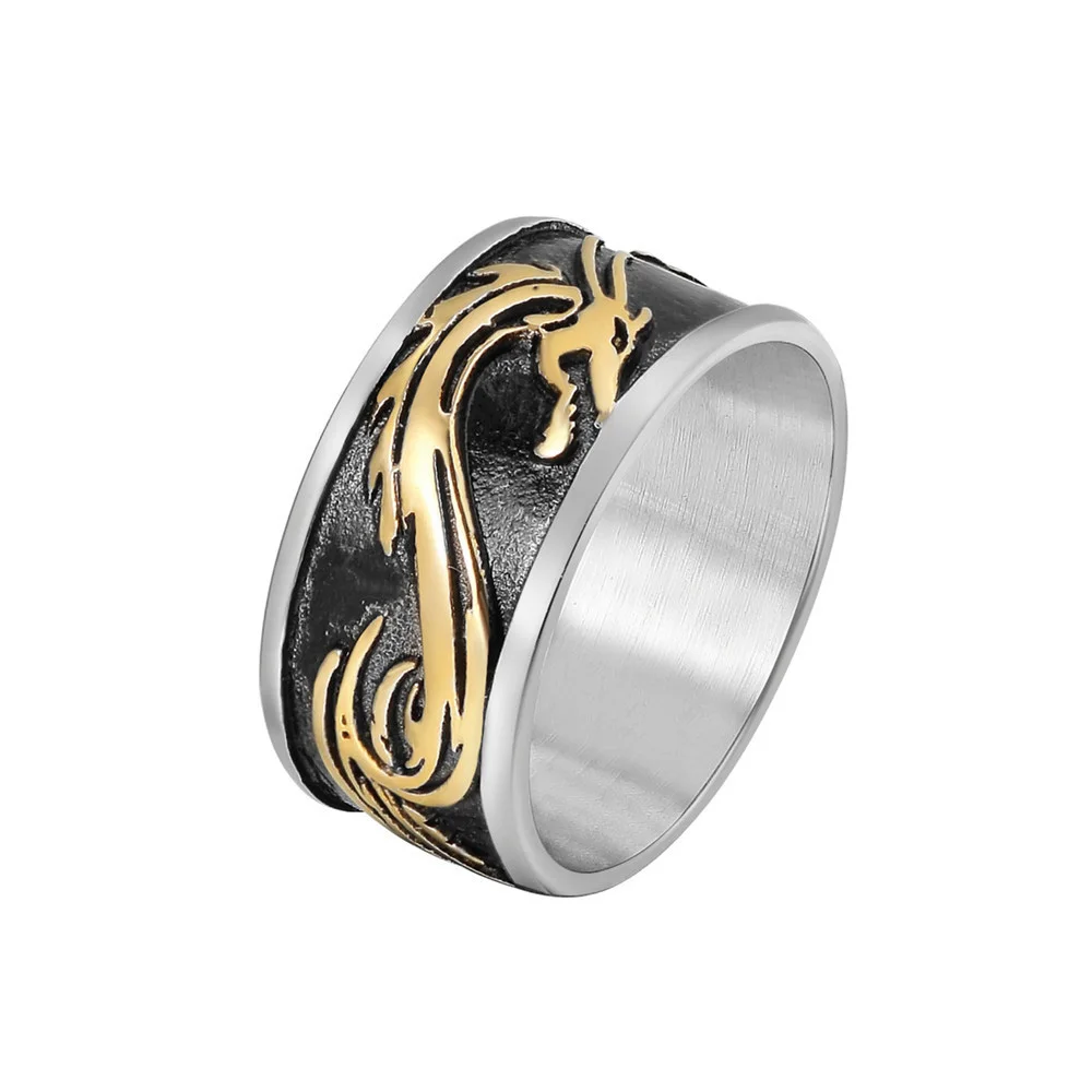 Retro Ethnic Style Men Dragon Ring Stainless Steel Punk Hip Hop Simple Steel/Gold Color Dragon Stamp Ring Fashion Jewelry Gift