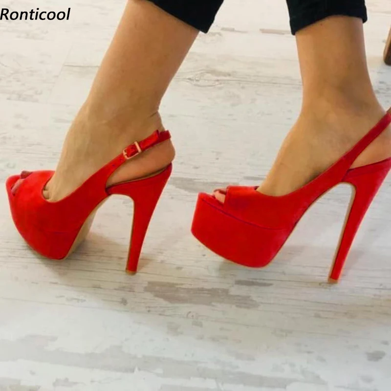 

Ronticool New Fashion Women Platform Sandals Faux Suede Sexy Stiletto Heels Peep Toe Fabulous Red Party Shoes US Size 5-20