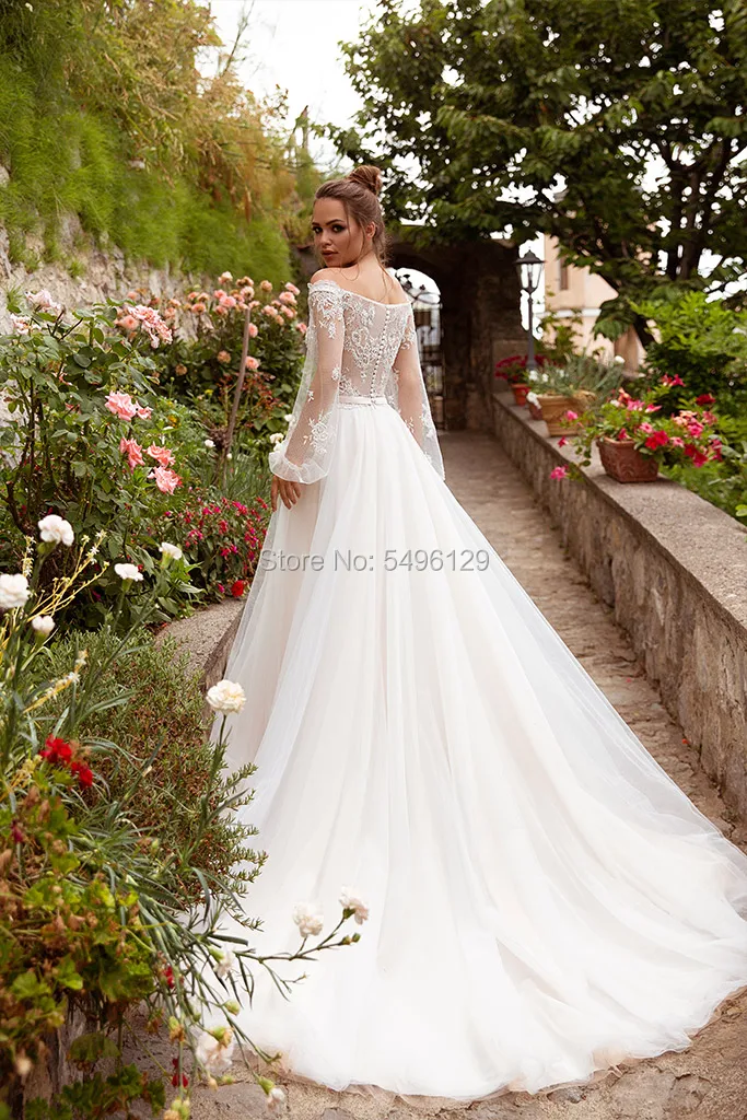 Boho Tulle Wedding Dresses Vestido De Longo Light Champagne Bridal Wedding Gowns with Long Sleeves Ivory Lace Applique Boho 2023