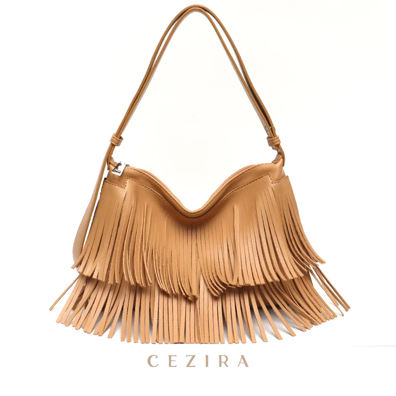 CEZIRA Bohemia Tassel Fringe Ladi Side Bags Vegan Leather Stylish Designer Girl Small Crossbody Bag Zip Envelope Clutch Purse