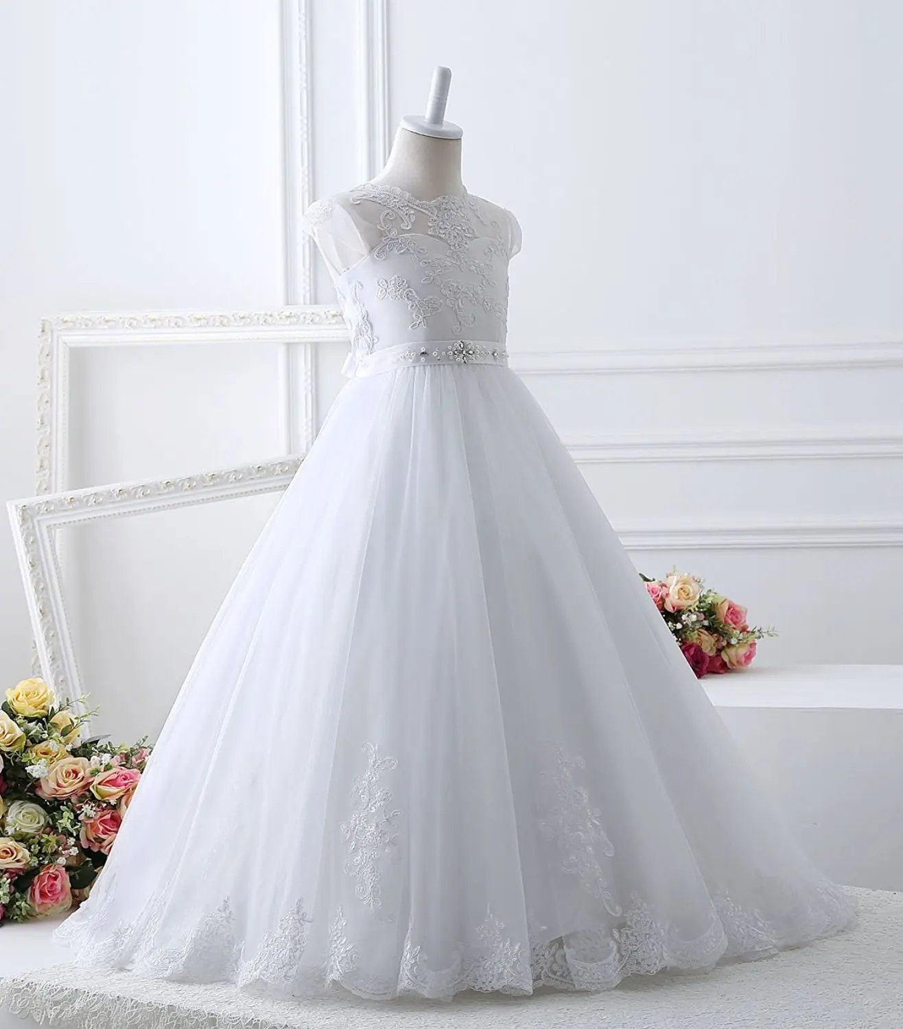 Vestido de festa infantil para casamento, vestido branco de primeira comunhão com renda para desfile, princesa