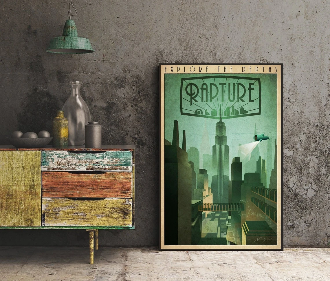 Bioshock Explore The Depths Travel Rapture Big Daddy Infinitie Burial At Sea Art Design Artwork Minimal Minimalist Game poster