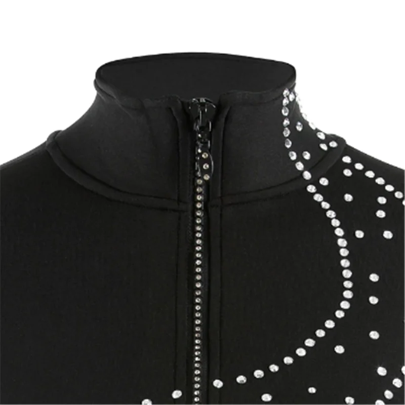 LIUHUO Women's Girls' Ice Skating Figure Tops Jackets Training Black Competition Long Sleeve High Elasticity Kids Rhinestone