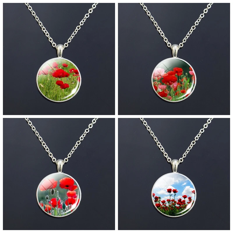 Poppy Flowers Art Pattern Necklace Fashion Silver Color Pendant Glass Cabochon Jewelry Simple Style Pendant Charm Women Gifts