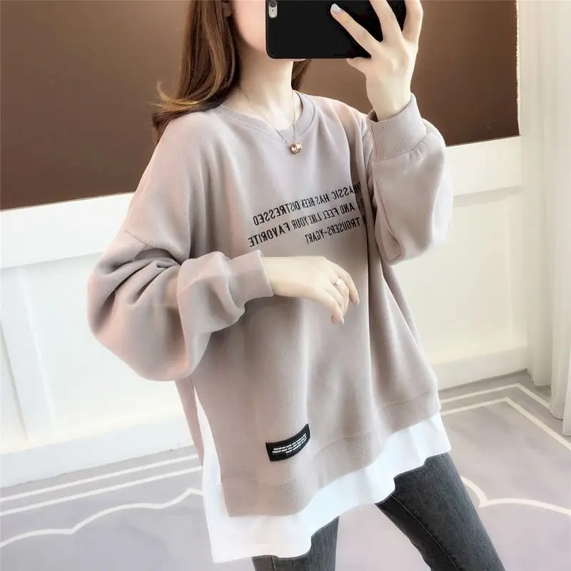 2024 New Spring Autumn Pullover Women\'s Thin Loose Korean Style Fake Two-piece Blouse Clothes Letter Printing Sweatshirt Women