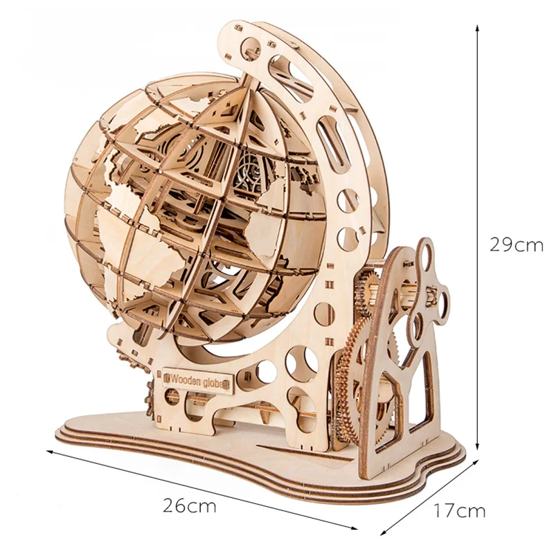 Wooden Globe Puzzle 3D DIY Mechanical Drive Model Transmission Gear Rotate Assembling Puzzles Home Office Decoration Toys Adults