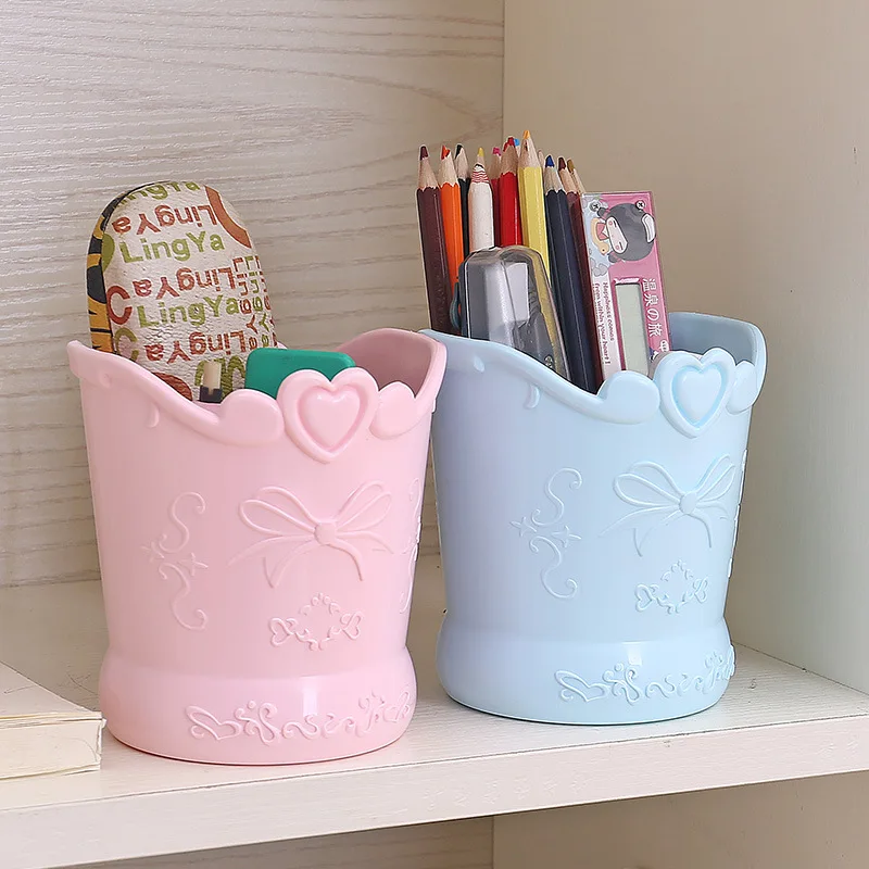 Imagem -03 - Bow Love Heart Shape Plastic Pen Holder Pink Barrel Girl Cute Bucket Organizador da Mesa Papelaria de Grande Capacidade