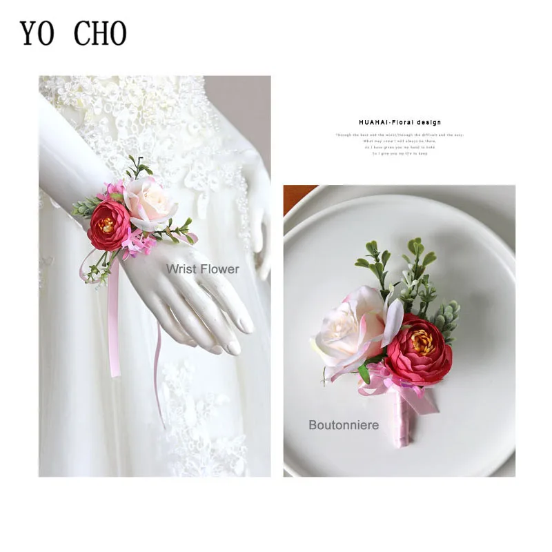 YO CHO Boutonniere Flowers Wedding Corsage Pins White Pink Groom Boutonniere Buttonhole Men Wedding Witness Marriage Accessories