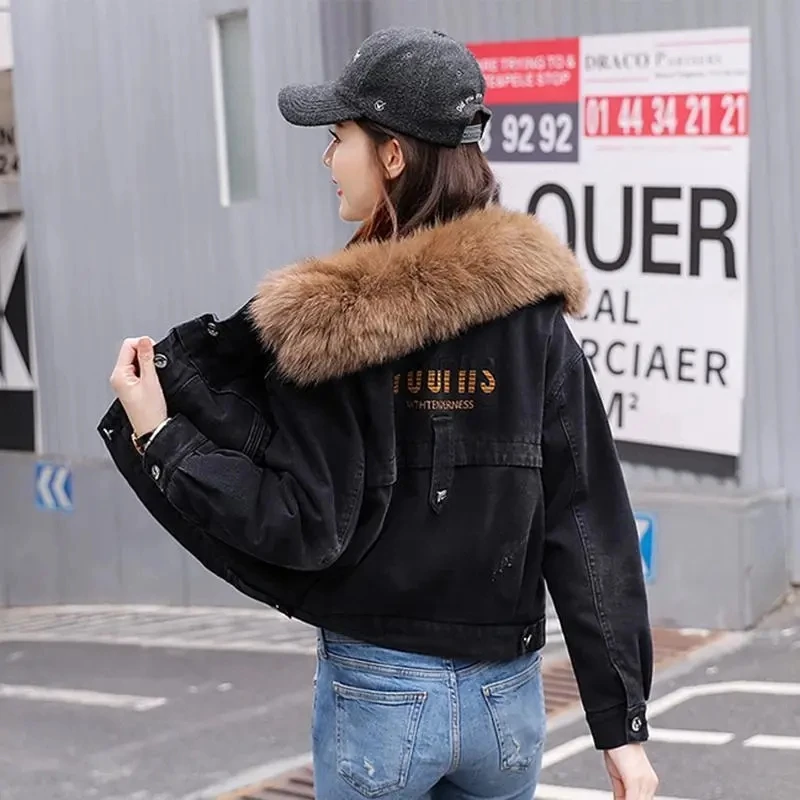 Winter Plus Velvet Thick Denim Jacket Removable Fur Collar Embroidery Women Short Jean Jackets Streetwear Plush Liner Warm Coat