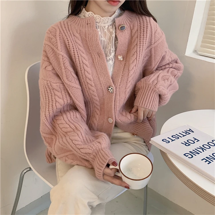 Cardigan Mujer Korean Style Loose Retro Lantern Sleeve Candy Color Twist Cardigan Sweater Coat Women Tops Thick Knitted Sweaters