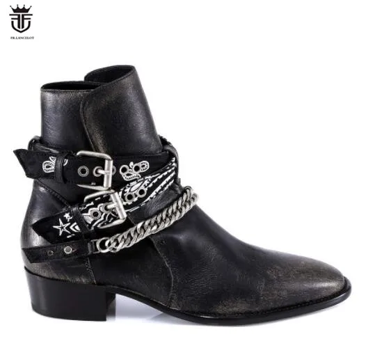 

FR.LANCELOT 2020 New Men Boots High top vintage leather boot British Style gentleman Short Boots sliver chain casual men's boots