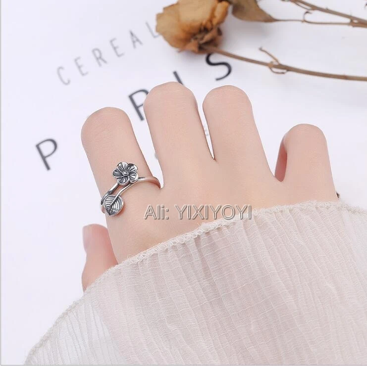 YIXIYOYI 925 Silver Vintage Leaf Flower Design Rings Open Retro Cool Thai Silver Rings for Woman man Special Gift Jewelry