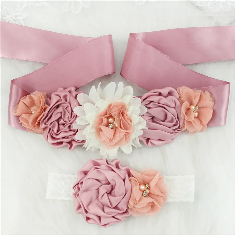 Children Girls Waist Belts Long Ribbon with Headband Flower Polyester Belt Wedding Waistband For Girls Party Dress Accessories